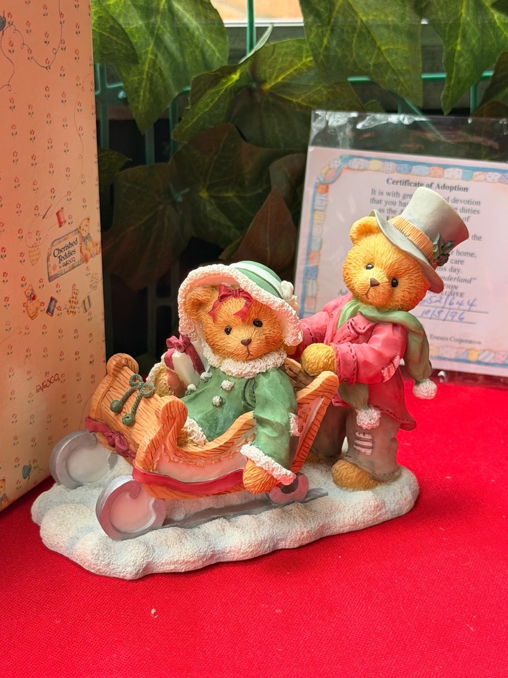 Cherished Teddies Green and Pink Bear Sledding Figurine